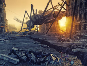 Giant insects destroy the city. 3D concept